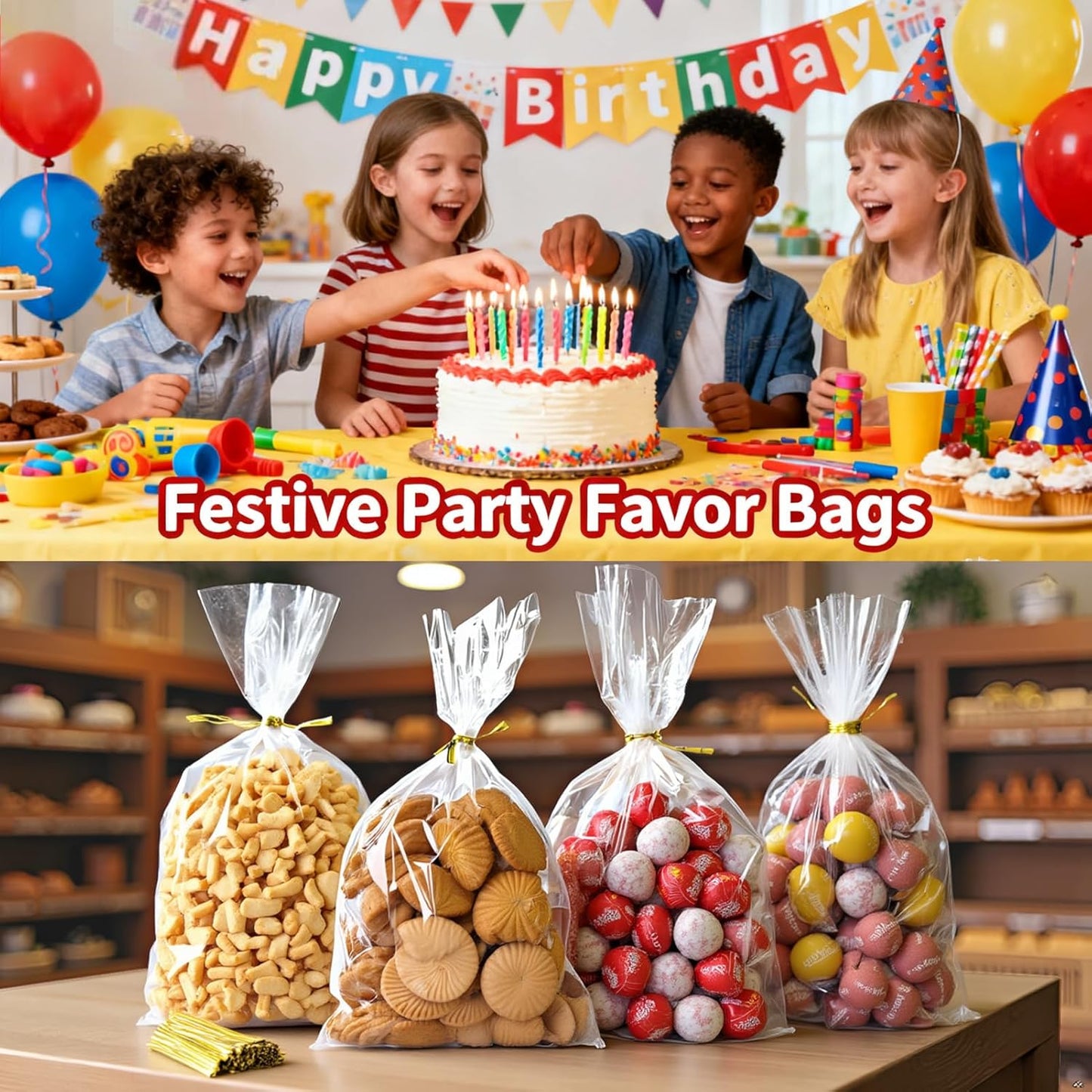 Clear Cellophane Treat Bags with Twist Ties, Transparent Individual Plastic Cookie Bags Small Cello Gift Candy Bag for Party Favors Goodie Cookies Bakery